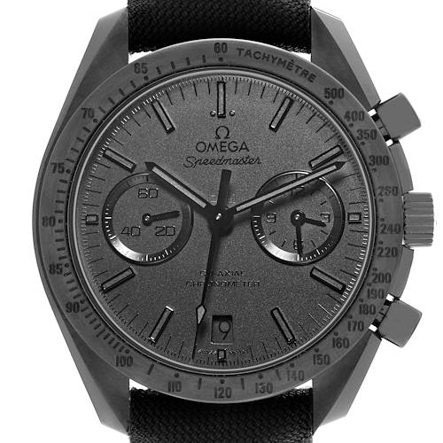 This image shows a front view of an Omega Speedmaster 311.92.44.51.01.005 Men's Ceramic Black Dial 311.92.44.51.01.005 Men's Ceramic Black Dial watch, detailing the dial, subdials, hands, and tachymeter bezel.