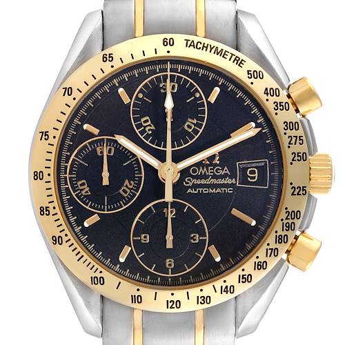 The image shows a front view of the Omega Speedmaster 3313.50.00 Men's Steel and Gold (two tone) Black Dial 3313.50.00 Men's Steel and Gold (two tone) Black Dial watch, highlighting the dial, sub-dials, tachymeter, and crown.