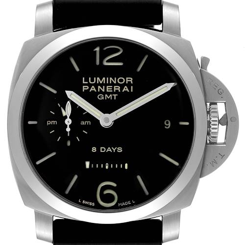This image shows a front view of a Panerai Luminor PAM00233 Men's Stainless Steel Black Dial PAM00233 Men's Stainless Steel Black Dial GMT watch, highlighting the dial, crown guard, and parts of the strap.