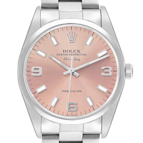 The Rolex Air-King 14000 Men's Stainless Steel Pink Dial watch is shown from a front angle, displaying the face, bezel, crown, and part of the bracelet.