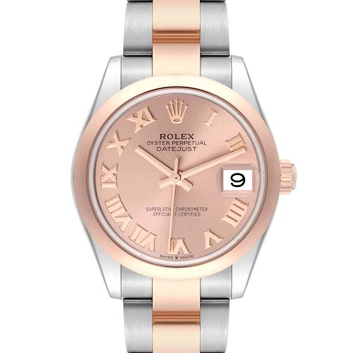 The image shows a front view of a Rolex Mid-Size 278241 Women's Steel and Gold (two tone) Pink Dial 278241 Women's Steel and Gold (two tone) Pink Dial Datejust watch, highlighting its dial, bezel, bracelet, and date window.