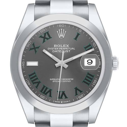 The Rolex Datejust 41 126300 Men's Stainless Steel Grey Dial is shown from the front, highlighting the dial, hands, markers, date window, bezel, and part of the bracelet.