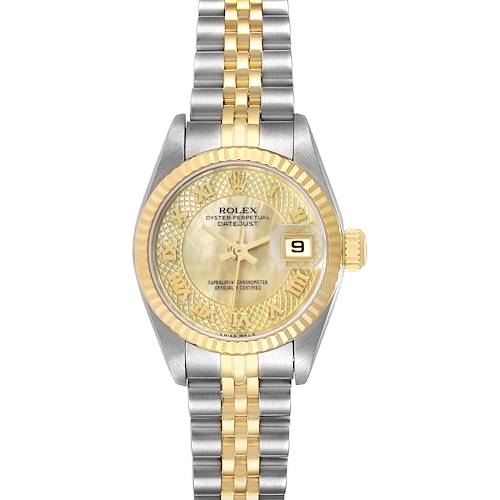 The Rolex Datejust 79173 Women's Steel and Gold (two tone) Mother of Pearl Dial watch is shown from a top view, highlighting its dial, bezel, bracelet, and crown.