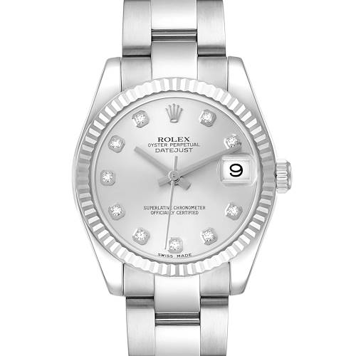 The Rolex Datejust 178274 Women's Stainless Steel Silver Dial watch is shown from a front angle, displaying its dial, bezel, bracelet, and date window.