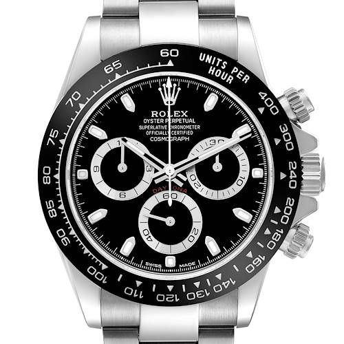 The image shows a frontal view of the Rolex Daytona 116500 Men's Stainless Steel Black Dial, highlighting the black dial, subdials, bezels, and crown.