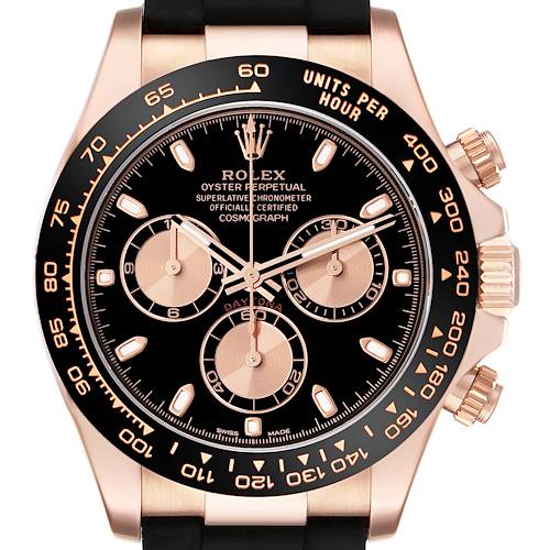 The image shows a front view of a Rolex Daytona 116515 Men's Rose Gold Black Dial 116515 Men's Rose Gold Black Dial watch, highlighting its black dial, chronograph subdials, and gold bezel.