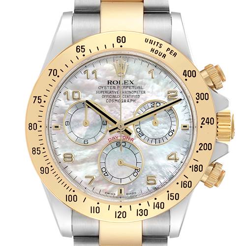 The image shows a frontal view of a Rolex Daytona 116523 Men's Steel and Gold (two tone) Mother of Pearl Dial watch with a gold bezel and mother-of-pearl dial.