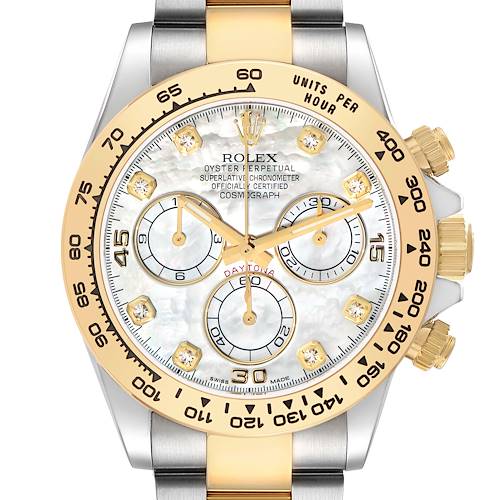 The image shows a front view of a Rolex Daytona 116503 Men's Steel and Gold (two tone) Mother of Pearl Dial watch, highlighting the dial, bezel, and pushers.