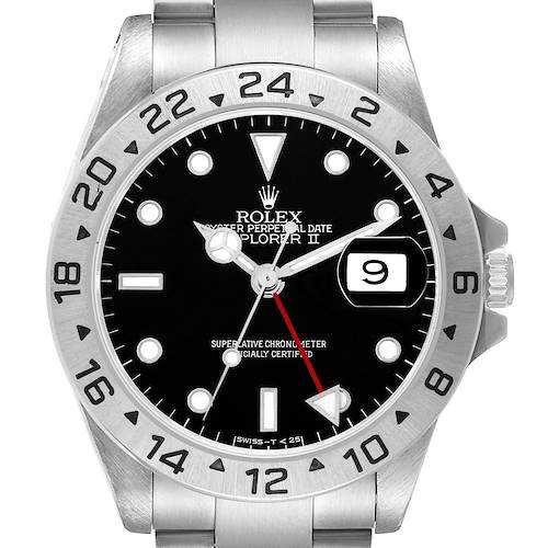 The Rolex Explorer 16570 Men's Stainless Steel Black Dial II watch is shown from a front view, highlighting the bezel, dial, bracelet, and date window.