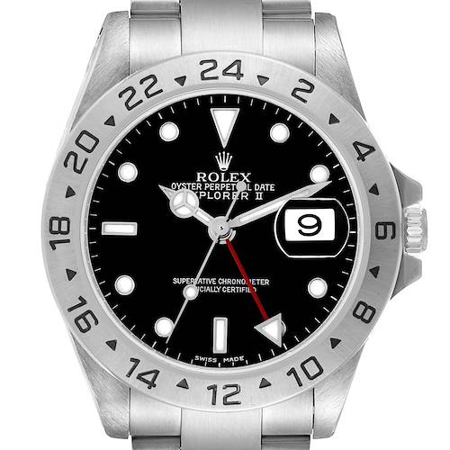 The Rolex Explorer 16570 Men's Stainless Steel Black Dial II watch is shown from the front, displaying the bezel, dial, hands, and date window.
