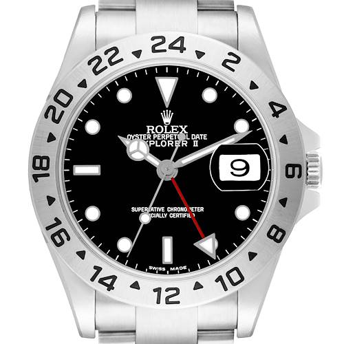 The Rolex Explorer 16570 Men's Stainless Steel Black Dial II watch is shown from the front, highlighting the bezel, dial, hands, and date window.