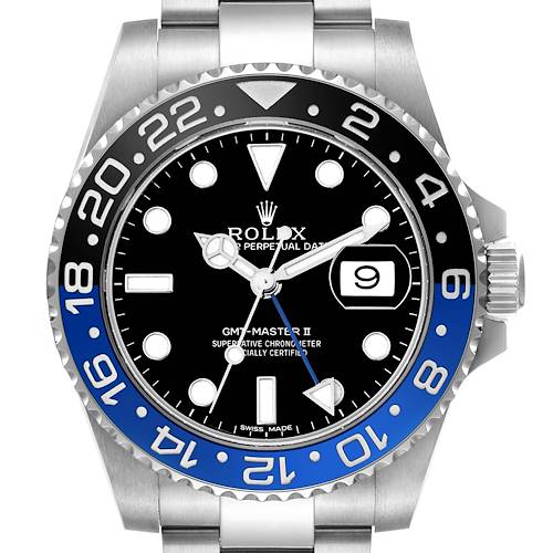 The Rolex GMT-Master 116710 Men's Stainless Steel Black Dial model is shown from a front angle, highlighting the bezel, dial, and bracelet.
