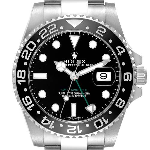This image shows a Rolex GMT-Master 116710 Men's Stainless Steel Black Dial 116710 Men's Stainless Steel Black Dial II watch from a top-down angle, highlighting the dial, bezel, and part of the bracelet.