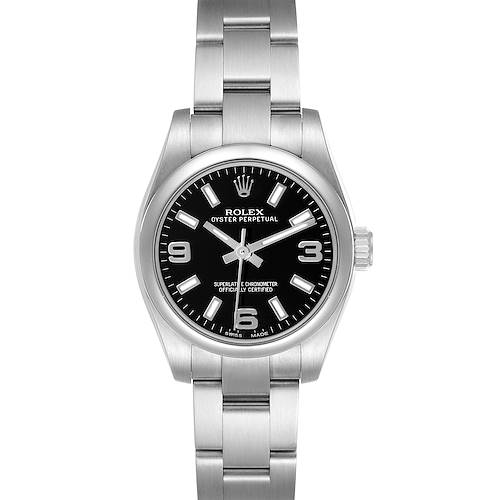The Rolex Oyster Perpetual 176200 Women's Stainless Steel Black Dial watch is shown from a top view, displaying the black dial, silver hands, bracelet, and bezel.