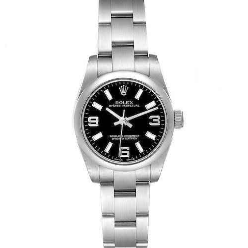 The Rolex Oyster Perpetual 176200 Women's Stainless Steel Black Dial watch is shown from a front angle, displaying the face, bezel, and bracelet.
