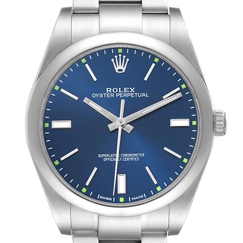The Rolex Oyster Perpetual 114300 Men's Stainless Steel Blue Dial is shown from the front, highlighting the blue dial, markers, and stainless steel case and bracelet.