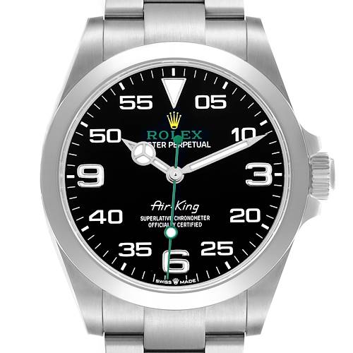 The Rolex Air-King 126900 Men's Stainless Steel Black Dial watch is shown from the front, displaying its dial, hands, indices, and part of the bracelet.