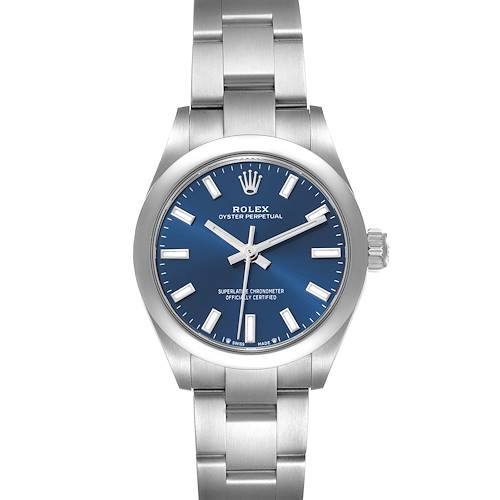 The Rolex Oyster Perpetual 276200 Women's Stainless Steel Blue Dial watch is shown from the front, displaying the blue dial, bezel, hour markers, and part of the bracelet.