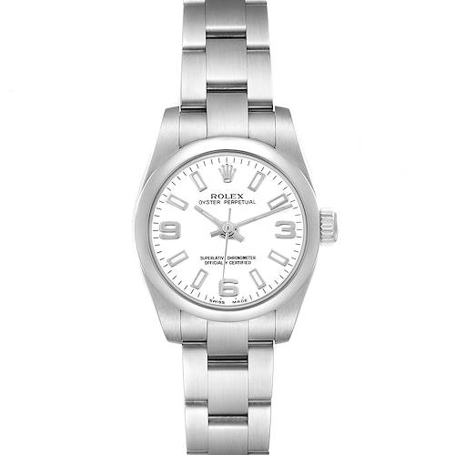 The Rolex Oyster Perpetual 176200 Women's Stainless Steel White Dial watch is shown from a top-down angle, displaying the face, bezel, crown, and bracelet.