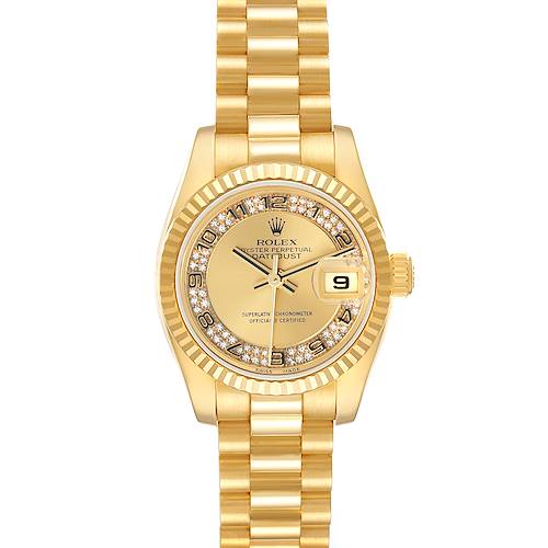 The Rolex President 179178 Women's Yellow Gold Champagne Dial model watch is shown from the front, displaying the dial, bezel, hands, date window, and bracelet.