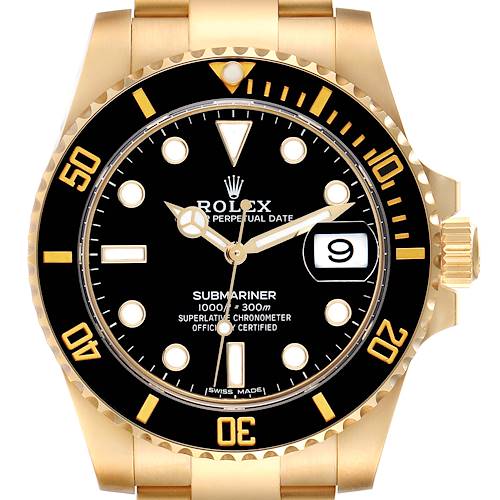The image shows a frontal view of a Rolex Submariner 116618 Men's Yellow Gold Black Dial 116618 Men's Yellow Gold Black Dial watch, highlighting the black dial, bezel, and date window.