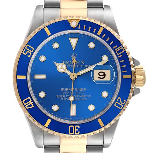 The Rolex Submariner 16613 Men's Steel and Gold (two tone) Blue Dial is shown from a front angle, highlighting its blue dial, two-tone bracelet, and bezel.