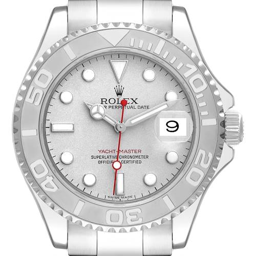 The image shows a front view of the Rolex Yacht-Master 16622 Men's Stainless Steel Silver Dial 16622 Men's Stainless Steel Silver Dial, displaying the dial, bezel, and part of the bracelet.