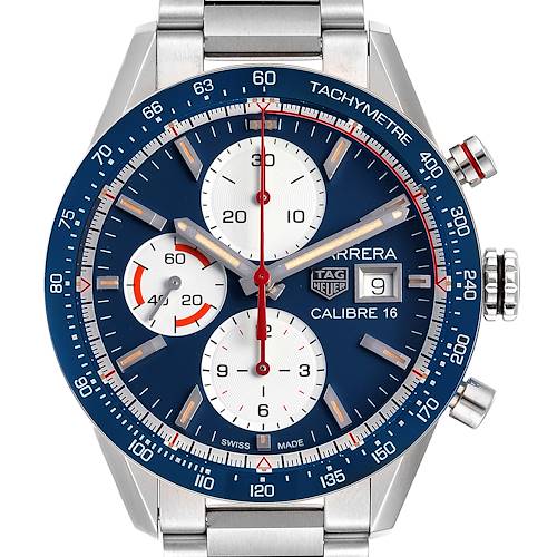 The image shows a frontal view of the Tag Heuer Carrera CV201AR.BA0715 Men's Stainless Steel Blue Dial CV201AR.BA0715 Men's Stainless Steel Blue Dial Calibre 16 watch, displaying its blue dial, chronograph subdials, and date window.