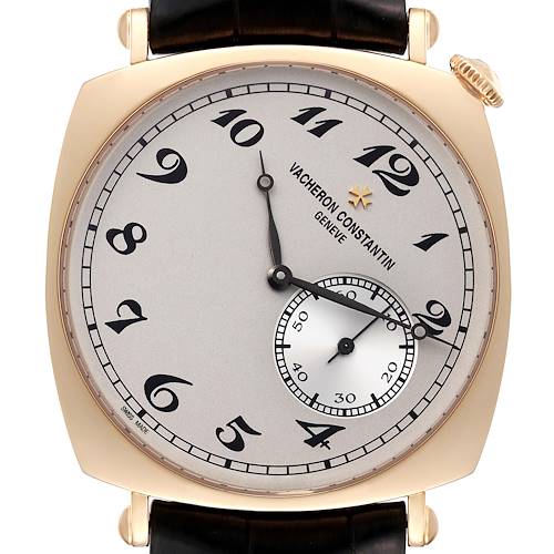 The image shows a front view of the Vacheron Constantin Historiques 82035/000J-9964 Men's Yellow Gold Silver Dial 82035/000J-9964 Men's Yellow Gold Silver Dial watch, highlighting its dial, hands, and crown.