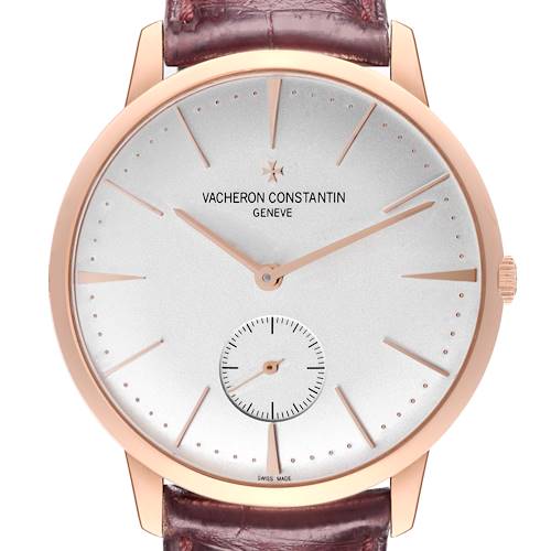 This image shows a front view of a Vacheron Constantin Patrimony 1110U/000R Men's Rose Gold Silver Dial 1110U/000R Men's Rose Gold Silver Dial watch, highlighting its dial, hands, crown, and strap.