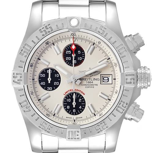 This image shows a frontal view of a Breitling Avenger A13381 Men's Stainless Steel White Dial A13381 Men's Stainless Steel White Dial watch displaying its face, bezel, chronograph subdials, and date window.