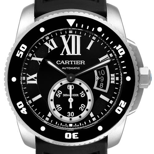 The image shows a frontal view of the Calibre de Cartier watch by Cartier, highlighting its dial, bezel, and crown.