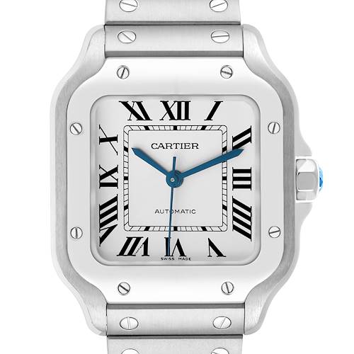 The Cartier Santos WSSA0029 Men's Stainless Steel Silver Dial watch is shown from the front, highlighting its face, bezel, and part of the bracelet.