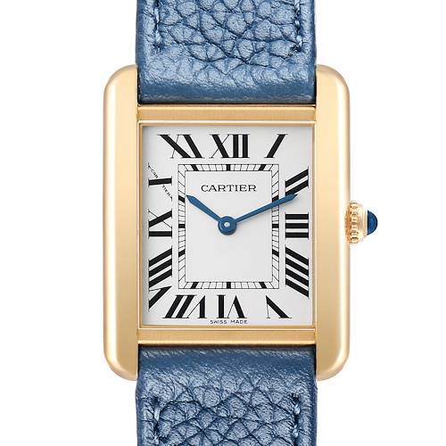This image shows a front view of the Cartier Tank Solo W1018755 Women's Yellow Gold Silver Dial watch, highlighting the dial, gold case, and blue leather strap.
