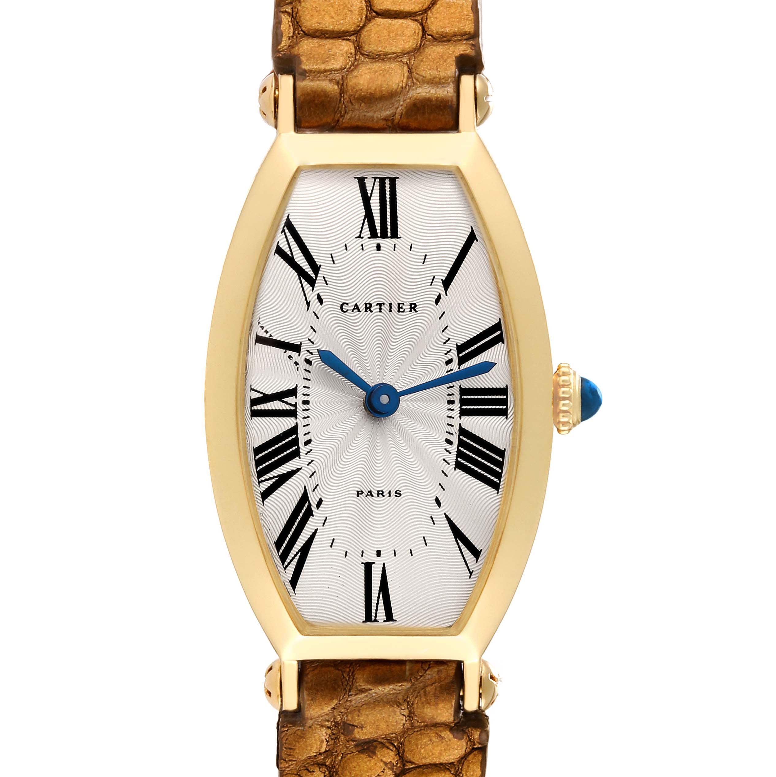 This image shows a Cartier Tonneau Women's Yellow Gold Silver Dial Women's Yellow Gold Silver Dial model watch's front view, highlighting its face, bezel, and strap.
