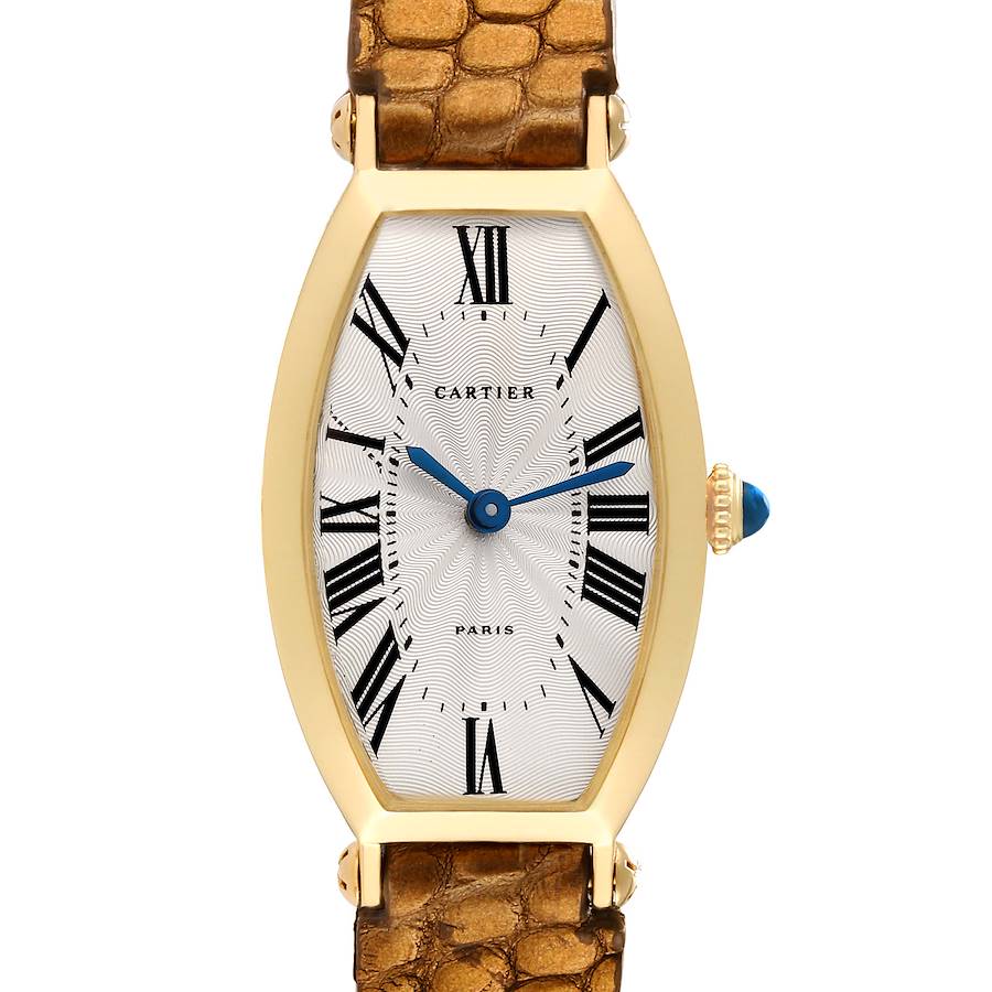 This image shows a Cartier Tonneau Women's Yellow Gold Silver Dial Women's Yellow Gold Silver Dial model watch's front view, highlighting its face, bezel, and strap.