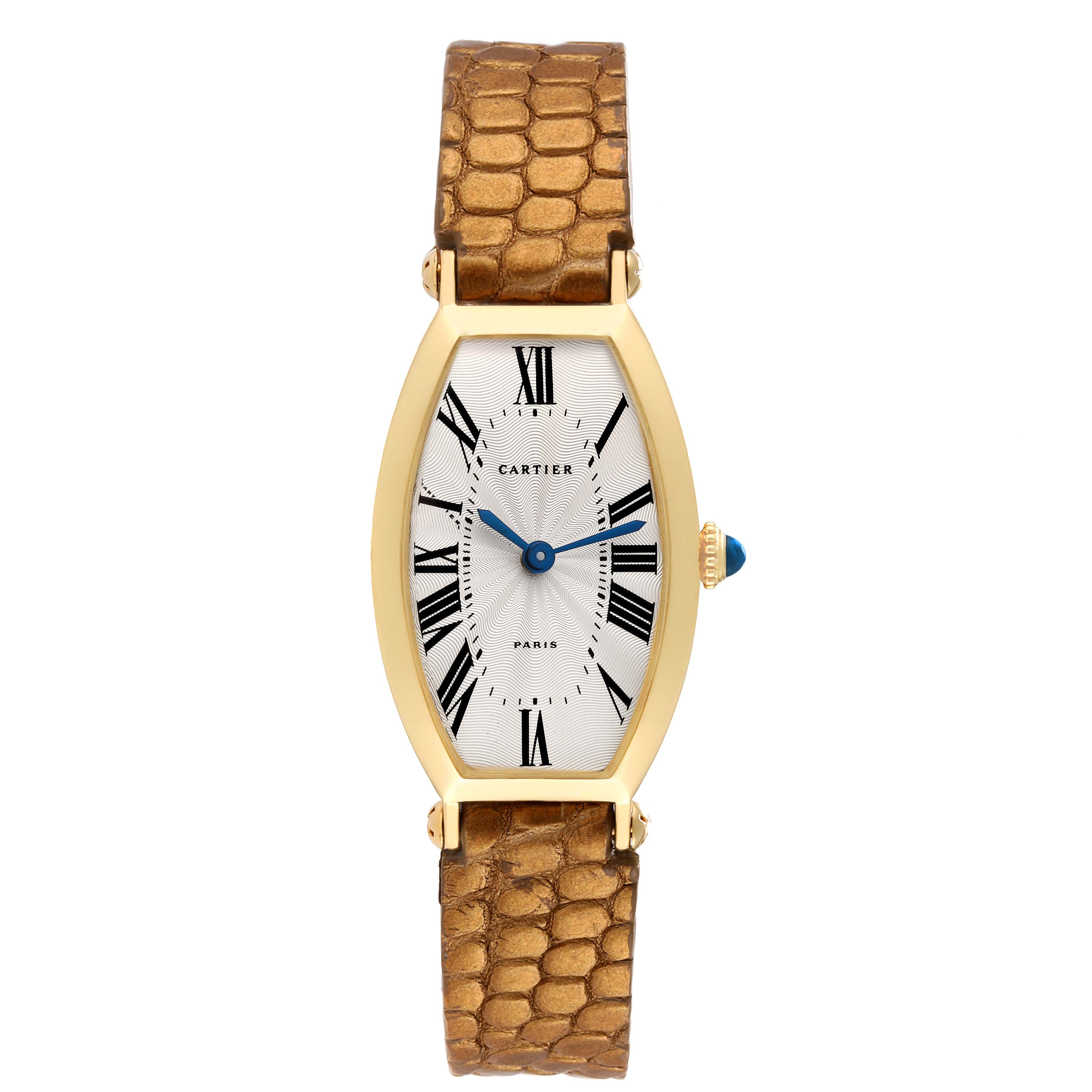 The Cartier Tonneau Women's Yellow Gold Silver Dial Women's Yellow Gold Silver Dial watch is shown from a front-angle view, displaying the face, case, crown, and leather strap.