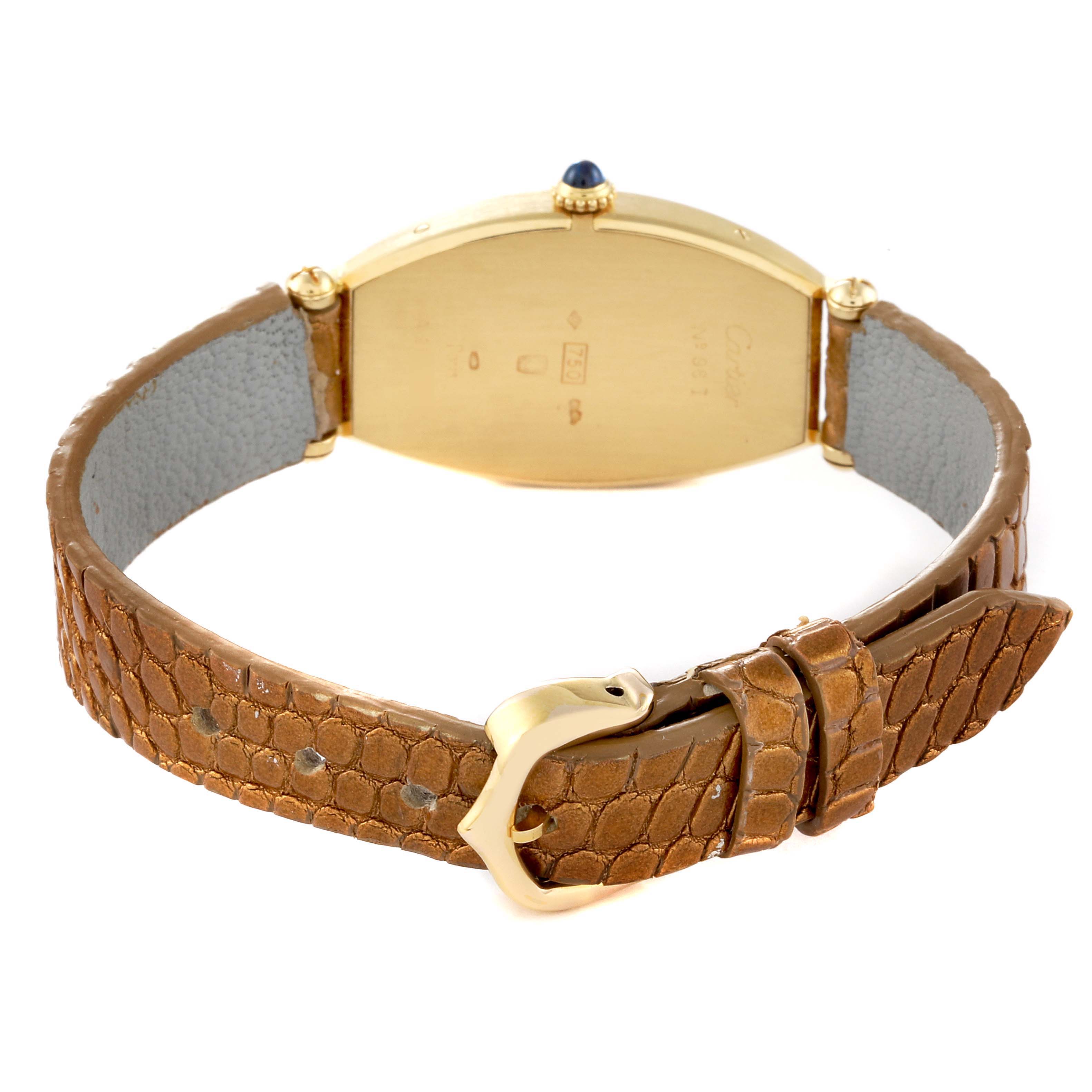 This image shows the back of a Cartier Tonneau Women's Yellow Gold Silver Dial Women's Yellow Gold Silver Dial model watch, including the case back, crown, and brown leather strap with a gold buckle.