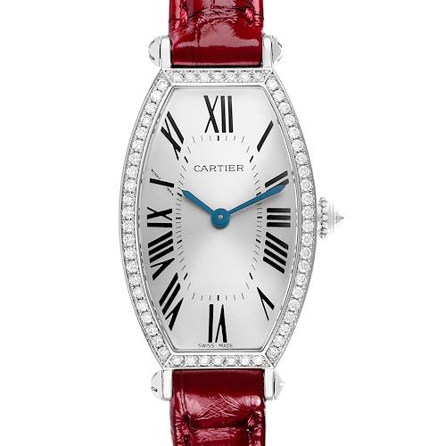 The Cartier Tonneau WE400131 Women's White Gold Silver Dial watch is shown from a frontal angle, highlighting its case, dial, strap, and diamond accents.