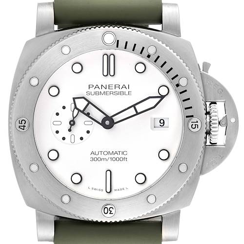The image shows a front view of a Panerai Submersible PAM01595 Men's Stainless Steel White Dial PAM01595 Men's Stainless Steel White Dial watch, displaying the dial, bezel, crown guard, and part of the strap.