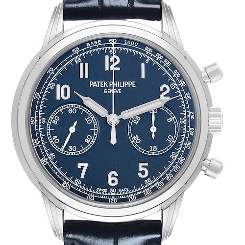 The Patek Philippe Complications 5172G Men's White Gold Black Dial watch is shown from a frontal angle, highlighting the dial, numerals, subdials, and side pushers.