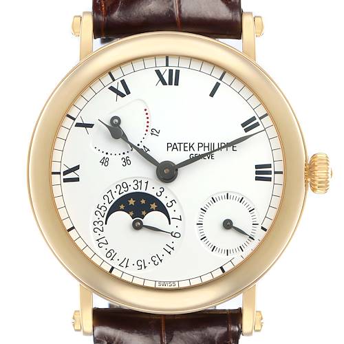 The Patek Philippe Complications 5054 Men's Yellow Gold White Dial watch is shown from the front, displaying its dial with Roman numerals and moon phase features.