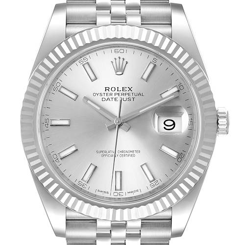 The image shows a front view of the Rolex Datejust 41 126334 Men's Stainless Steel Silver Dial 126334 Men's Stainless Steel Silver Dial watch, highlighting its dial, bezel, crown, and part of the bracelet.