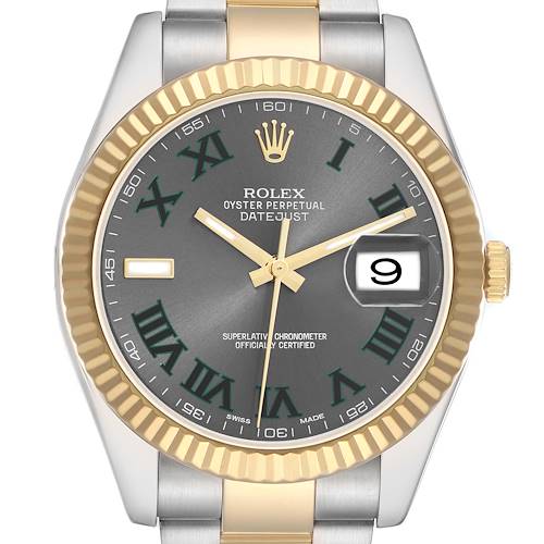 The Rolex Datejust 116333 Men's Steel and Gold (two tone) Grey Dial is shown from the front, highlighting the dial, date magnifier, and two-tone bezel.
