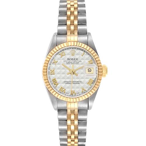 The Rolex Datejust 69173 Women's Steel and Gold (two tone) Silver Dial watch is shown from a top-down angle, displaying the face, bezel, and bracelet.