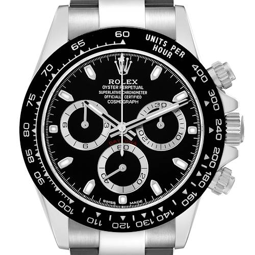 The Rolex Daytona 116500 Men's Stainless Steel Black Dial watch is shown from the front, displaying the bezel, dial, subdials, and crown.