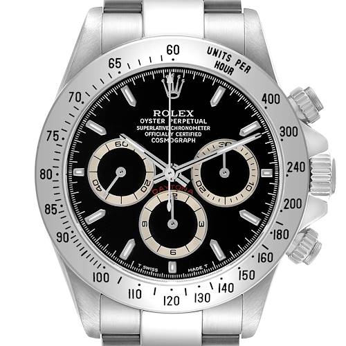 The Rolex Daytona 16520 Men's Stainless Steel Black Dial watch is shown from a front angle, highlighting the dial, bezel, and pushers.