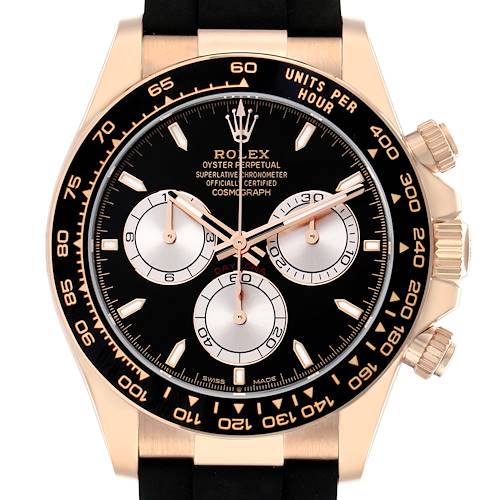 The Rolex Daytona 126515 Men's Rose Gold Black Dial watch is shown from a frontal angle, highlighting the dial, bezel, and pushers.