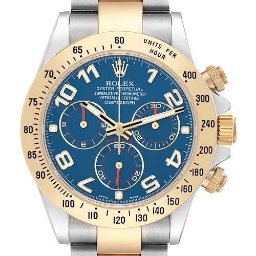 The Rolex Daytona 116523 Men's Steel and Gold (two tone) Blue Dial watch is shown from the front, highlighting its face, bezel, and crown.