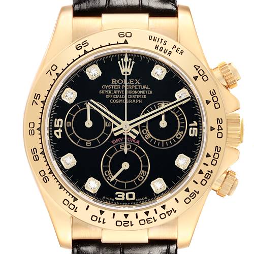 The Rolex Daytona 116518 Men's Yellow Gold Black Dial watch is shown from the front, highlighting its black dial, gold bezel, and crown with a leather strap.